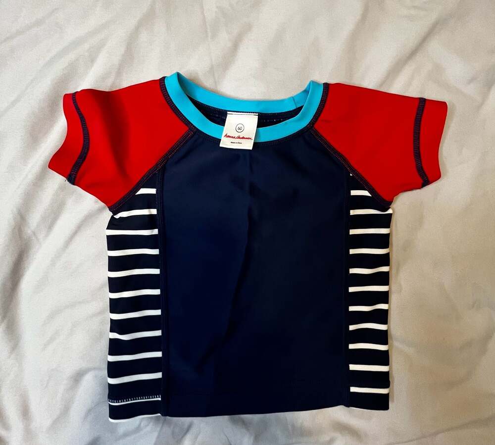 Hanna Andersson Toddler Boys Rash Guard Swim Shirt Red Navy Blue Striped